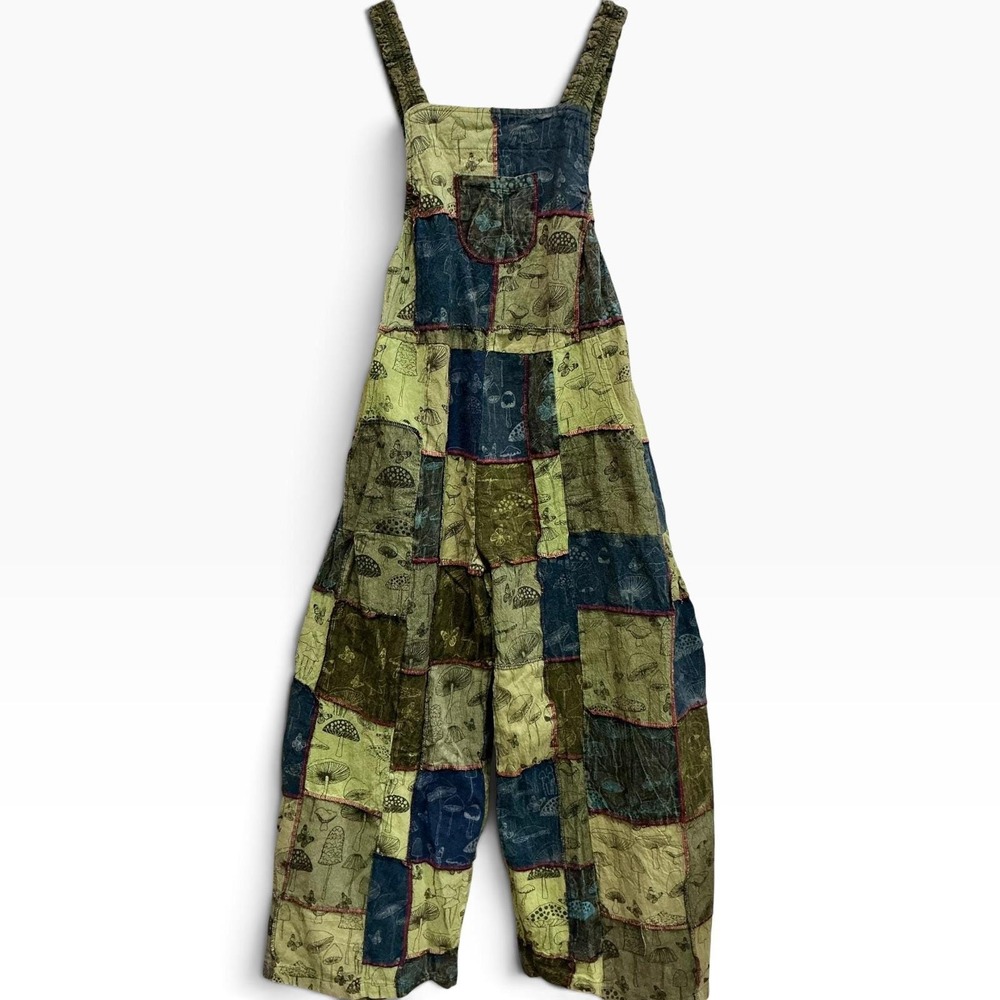 Whimsical Patchwork Mushroom Overalls Wide Leg Cotton Boho Fairycore XS S